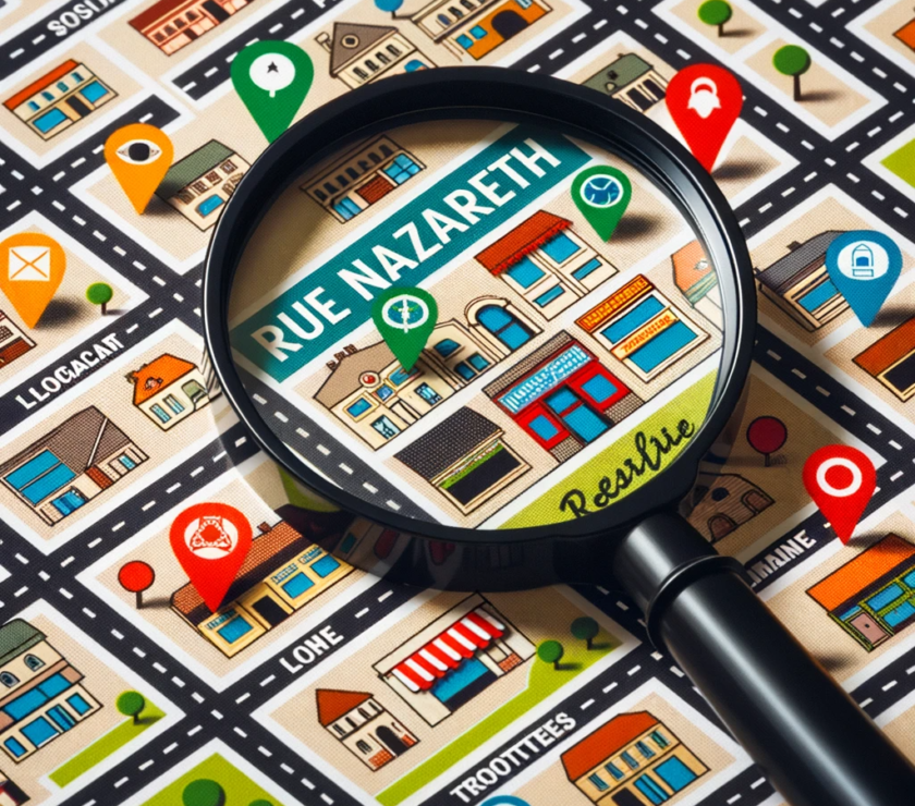 Carte détaillée de la rue Nazareth montrant différents locaux commerciaux mis en évidence avec des icônes colorées. Une grande loupe est placée au-des