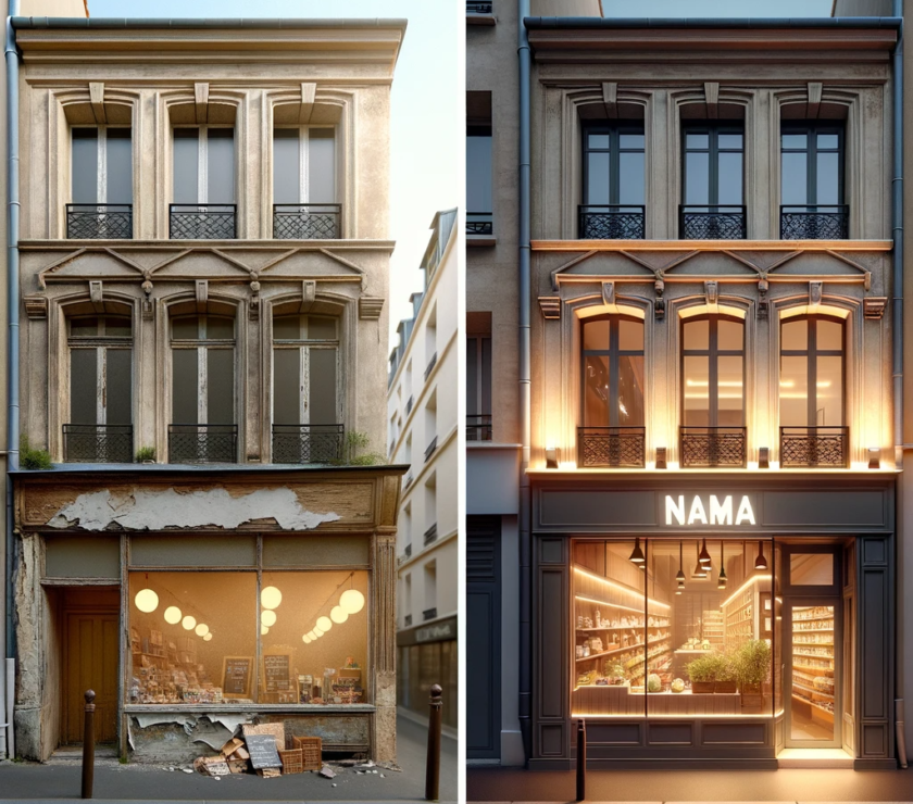 Image avant-après montrant deux locaux commerciaux côte à côte. À gauche, un local ancien et délabré avec des vitres cassées et une peinture écaillée