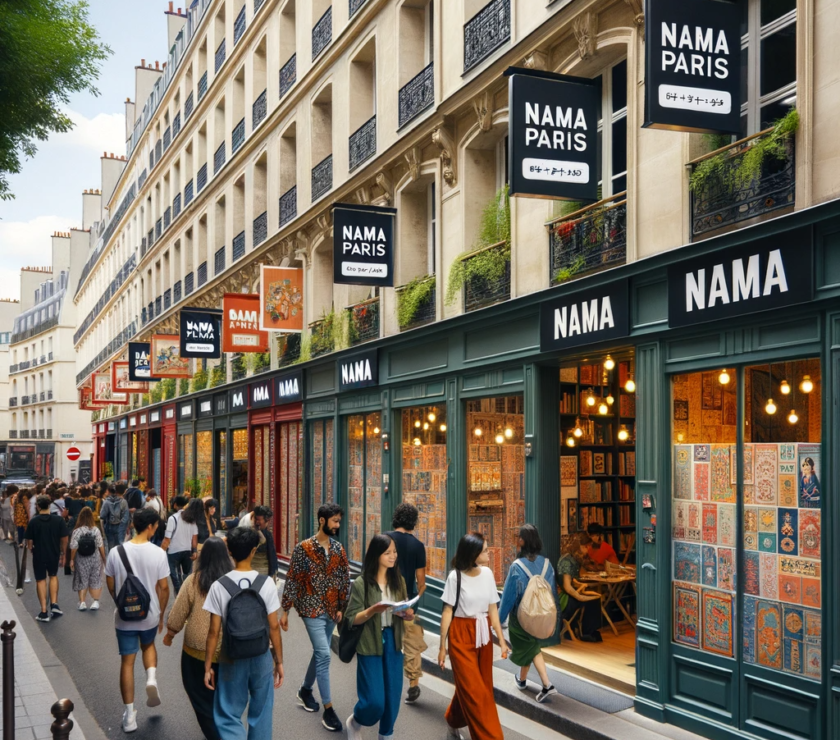 Photo d’une rue animée avec plusieurs pop-up stores alignés. Les magasins sont décorés de manière unique, avec des bannières et des affiches indiquant